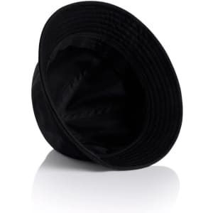 A black brim bucket hat featuring a wide brim and a simple design, with an interior view showcasing its structure.