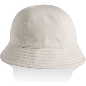 A beige bucket hat with a wide brim and stitched detailing, featuring a branding logo.