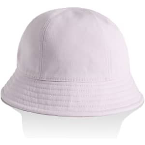 A light lavender bucket hat with a wide brim and stitched detailing. Features a logo on the side.