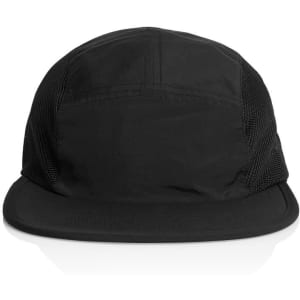 A black cap featuring mesh panels and a curved brim. It has a logo on the front.