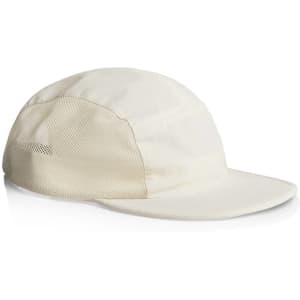 A light cream cap with a mesh design on the sides and a curved brim, featuring a logo.