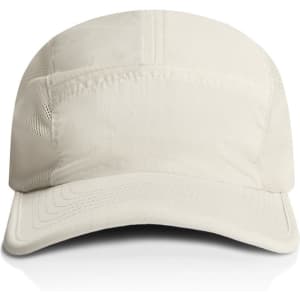 A cap in a light beige colour with a structured design and a logo on the front.