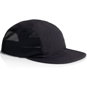 A black cap with mesh sides and a curved brim, featuring a logo on the front.