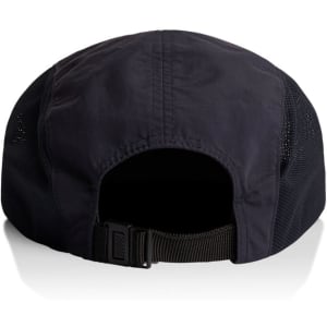 A black cap with mesh sides and an adjustable strap at the back, featuring a logo.