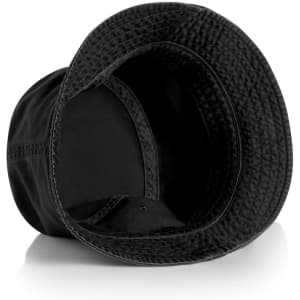 A black faded bucket hat with a textured interior and a fitted design. It features a logo inside.