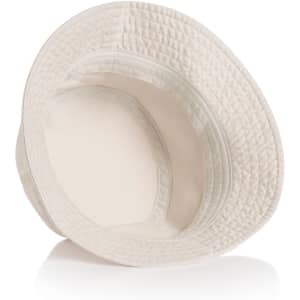 A cream-coloured faded bucket hat with a textured design and a wide brim, featuring a logo inside.