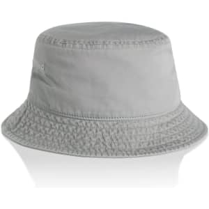 A light grey bucket hat with a wide brim and a textured band. It features a logo.