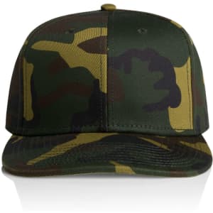 A camo cap in green, brown, and tan tones with a flat brim and adjustable strap. Includes branding on the side.