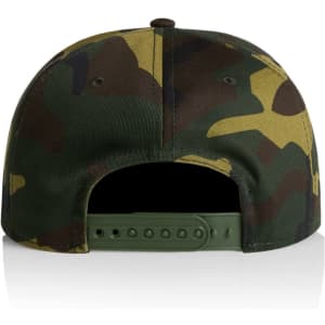 A camo cap featuring a green, brown, and yellow camouflage pattern. It has an adjustable strap at the back and a logo.