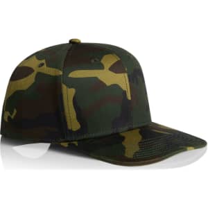 A camouflaged cap in green and brown tones with a flat brim and adjustable back. Features a logo on the side.