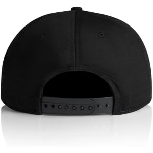 A black 7-panel cap featuring a snapback closure at the rear and a smooth texture.