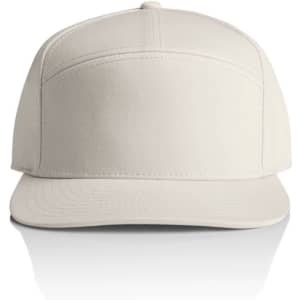 A beige 7-panel cap featuring a structured design and a front panel with a logo.