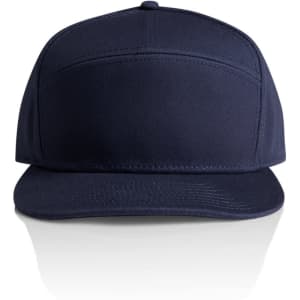 A navy 7-panel cap with a flat brim and a logo on the front.