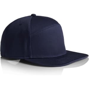 A navy 7-panel cap with a structured brim and a logo on the side.