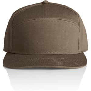 A brown 7-panel cap featuring a flat brim and structured front, with a logo on the front.