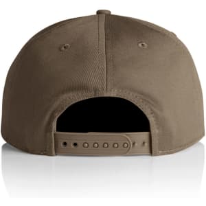 A khaki 7-panel cap featuring a flat brim and an adjustable strap at the back, with a logo present.