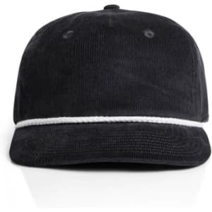 A black corduroy cap with a white rope detail, featuring a logo on the front.