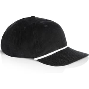 A black cap with a corded white rope detail along the front, featuring a logo on the side.