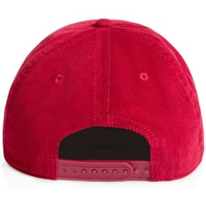 A red corduroy cap featuring a snapback closure and a logo on the back.