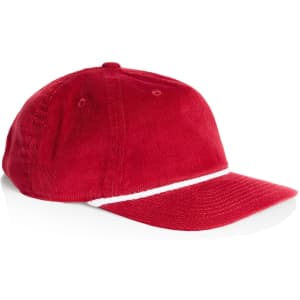 A red corduroy cap with a white rope detail and a curved brim, featuring a logo on the front.