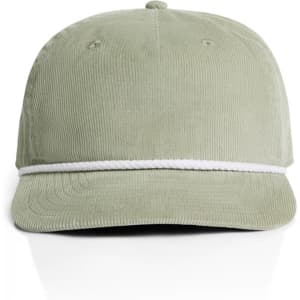 A green corduroy cap featuring a white rope accent and a logo on the front.