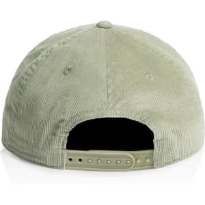 A green corduroy cap featuring a snapback design and a logo on the back.
