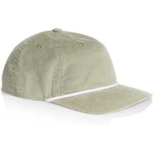 A green corduroy cap featuring a contrasting trim and a logo on the front.