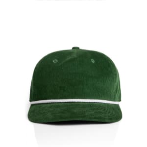 A green corduroy cap featuring a white rope accent and a logo.