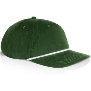 A green corduroy cap with a white stripe, featuring a logo on the front.