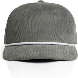 A grey corduroy cap featuring a white rope detail and a logo on the front.