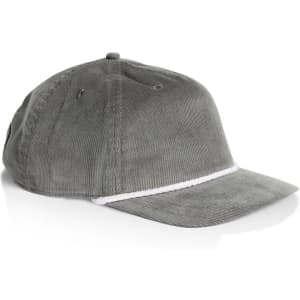 A grey corded cap featuring a white trim and a logo on the front.