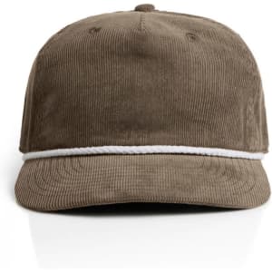A brown corduroy cap featuring a white rope detail and a logo on the front.