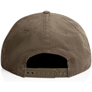 A corduroy cap in a muted brown colour, featuring a snapback closure and a textured surface.