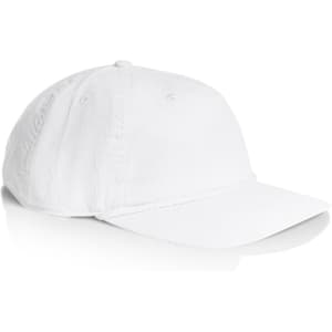 A white cap with a curved brim, featuring a logo on the front, displayed at an angle.