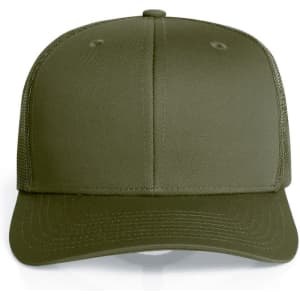 A green mesh trucker cap with a solid front panel and mesh sides, featuring a brand logo.