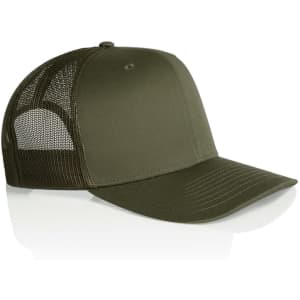 A green mesh trucker cap with a solid front and mesh sides, featuring a logo on the front panel.