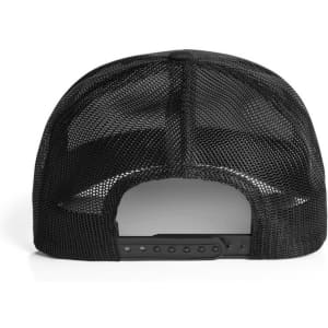 A black Mesh Trucker Cap featuring a mesh back and an adjustable snap closure.