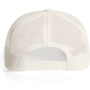 A white Mesh Trucker Cap featuring a breathable mesh back and an adjustable strap. It has a logo on the front.
