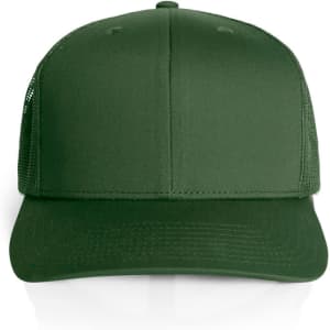 A green mesh trucker cap featuring a structured front and breathable mesh sides, with an adjustable strap.