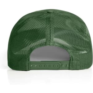 A green mesh trucker cap featuring a snapback closure and a breathable mesh design at the back.