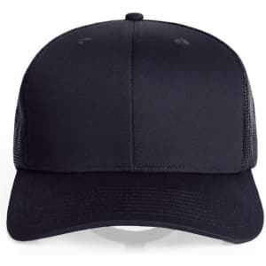 A black mesh trucker cap featuring a solid front panel and mesh sides, with a logo on the front.