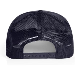 A dark navy mesh trucker cap with an adjustable strap, featuring a mesh back for breathability.