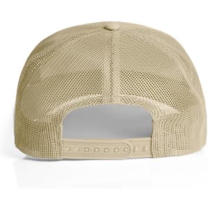 A beige mesh trucker cap featuring a snapback closure and a breathable mesh design at the back.