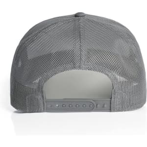 A grey mesh trucker cap featuring a breathable mesh back and an adjustable strap.