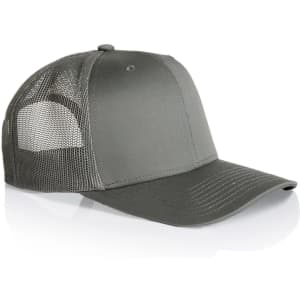 A grey mesh trucker cap with a solid front panel and mesh back, featuring a brand logo.