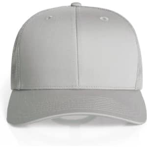 A grey mesh trucker cap featuring a solid front panel and breathable mesh back, with a logo on the front.