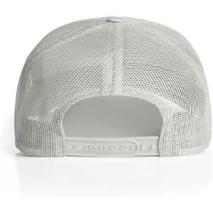 A white mesh trucker cap featuring a plastic adjustable strap and a vented back design.