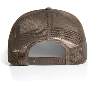 A brown mesh trucker cap featuring a adjustable snapback closure and a breathable mesh design.