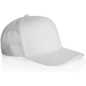 A white mesh trucker cap featuring a solid front panel and a mesh back, with a curved brim and a logo.