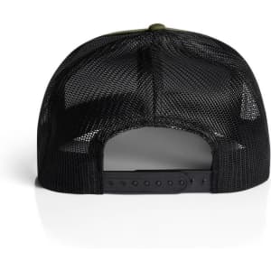 A black mesh trucker cap featuring an adjustable strap and a contrasting front panel.